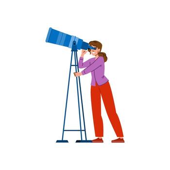 Woman astronomer exploring space using telescope on tripod vector