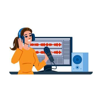 Podcaster creating audio content with professional microphone and headphones vector