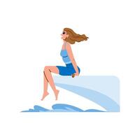 mujer relajante en buceo tablero terminado agua disfrutando verano vacaciones vector