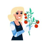 Farmer holding tomatoes with bionic arm, smiling farmer showing ripe tomatoes grown in her garden thanks to her bionic prosthetic arm vector
