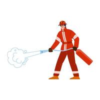 bombero extinguir fuego con extintor y agua manguera vector