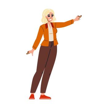 sonriente mujer de negocios señalando con índice dedo y demostración alguna cosa vector