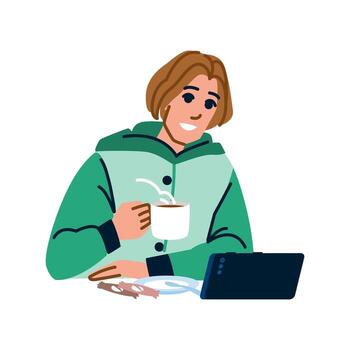 sonriente persona de libre dedicación disfrutando café y trabajando remotamente desde hogar vector