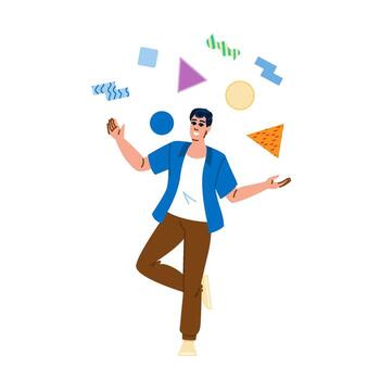 Man juggling geometric shapes, balancing creativity and innovation vector