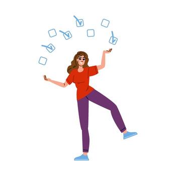 Young woman juggling with checkboxes symbolizing multitasking and efficiency vector