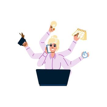 Businesswoman multitasking with multiple arms managing workload efficiently vector