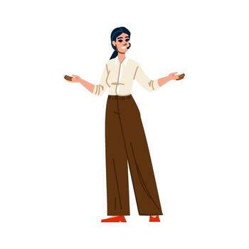 Businesswoman making presentation, explaining or showing something with open hands gesture vector