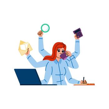 Businesswoman multitasking, managing multiple tasks simultaneously vector
