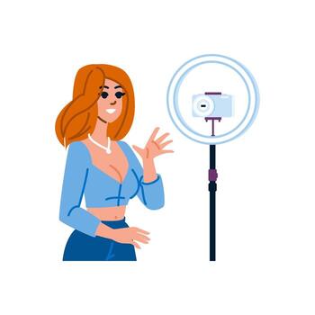 Influencer creating content with ring light and camera on tripod vector