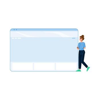 web diseñador caminando y mirando a grande sitio web aterrizaje página vector