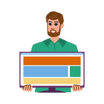 Web designer holding computer screen showing website layout vector