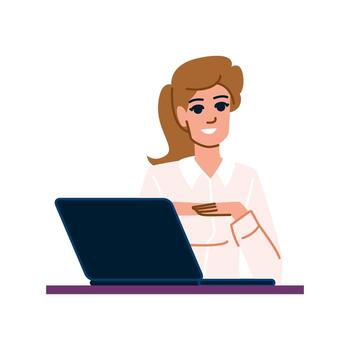 sonriente mujer de negocios gesticulando mientras utilizando ordenador portátil a escritorio vector