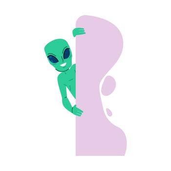 Friendly alien peeking from behind a blank sign, ideal for customization vector