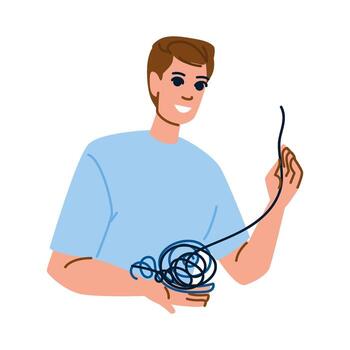 hombre desenredar enredo de cable, resolviendo problema y hallazgo solución vector