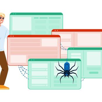 web desarrollador gerente múltiple navegador ventanas con gateando araña virus vector