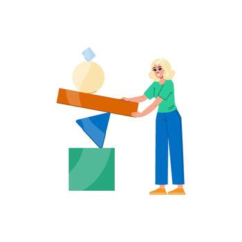 Woman balancing abstract shapes, maintaining equilibrium and precision vector