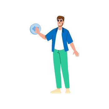 Young man pressing backward button on interactive virtual screen vector