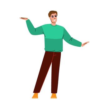 Smiling young man showing and pointing with hands to sides vector