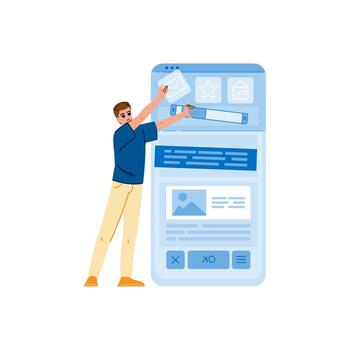 Web designer developing mobile app interface, adding icons and buttons on large smartphone screen vector