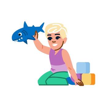 rubio chico jugando con felpa tiburón y edificio bloques vector