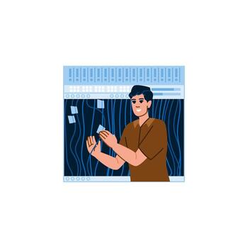 Programmer connecting cables and organizing server room with sticky notes vector
