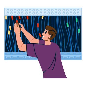 técnico conectando alambres en servidor habitación asegurando red funcionalidad vector
