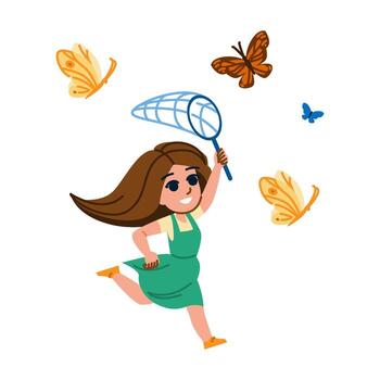 Young girl running and trying to catch butterflies with net vector