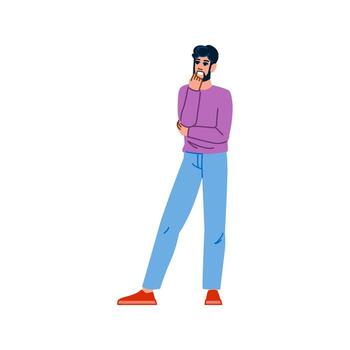 Pensive man thinking and touching his beard, finding solution for problem vector