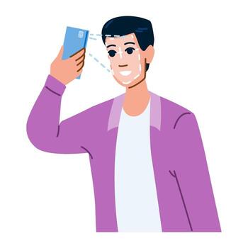 Man using facial recognition on smartphone for biometric identification vector