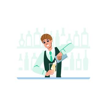 Bartender pouring cocktail in glass at bar counter with bottles in background vector