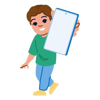 sonriente chico demostración teléfono inteligente con blanco pantalla mientras caminando vector