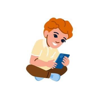 Smiling child using smartphone sitting with crossed legs vector