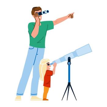 Father and daughter exploring the sky using binoculars and telescope vector