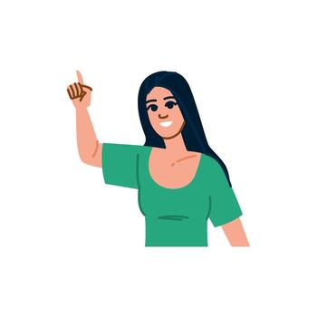 sonriente mujer señalando arriba con índice dedo vector
