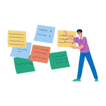 proyecto gerente organizando tareas, arreglando pegajoso notas en pizarron, gerente proyecto calendario y flujo de trabajo vector