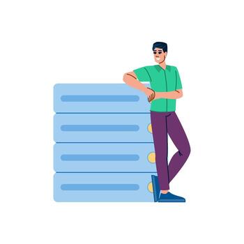 Programmer leaning on server rack and smiling, big data management concept vector