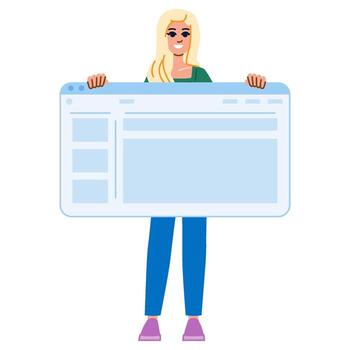 Smiling woman showing big empty web browser window vector