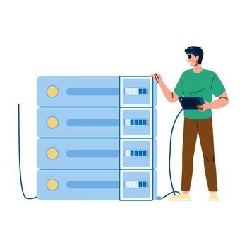 System administrator managing server operations with tablet and cable vector