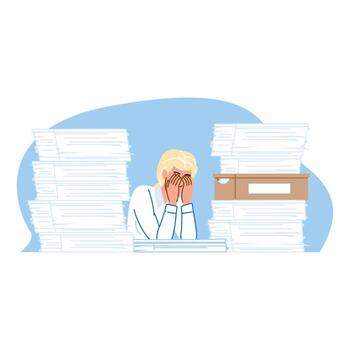 Stressed office worker hiding face behind hands at desk with piles of paperwork vector