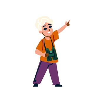 Curious boy exploring nature with binoculars and pointing finger vector
