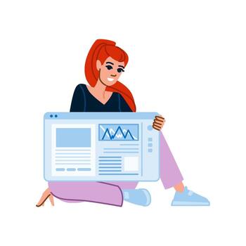 sonriente mujer demostración sitio web o software interfaz sentado en piso vector