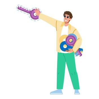 Man holding many keys and choosing correct key for success vector