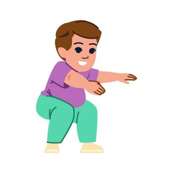 Smiling child doing squats and stretching arms forward, promoting physical activity and healthy lifestyle vector