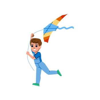 Happy boy running and holding a kite string in the sky vector