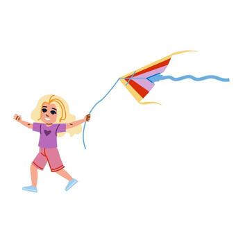 Happy child running and playing with colorful kite in summer vector