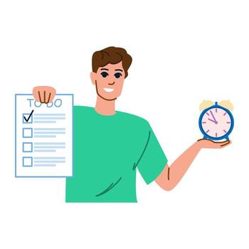 Man managing time effectively, holding to do list and alarm clock vector
