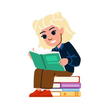 sonriente estudiante leyendo libro sentado en apilar de libros vector