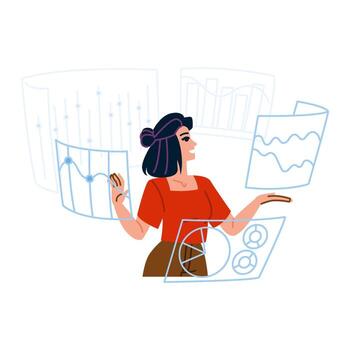Businesswoman analyzing data with virtual reality charts and graphs vector