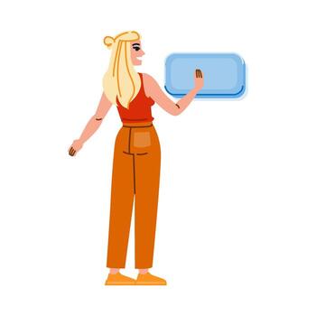 Woman pressing button on interactive panel, engaging with technology vector