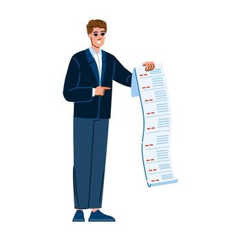 Businessman pointing at long paper bill document with data vector